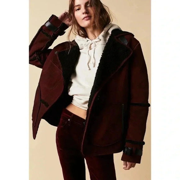New Free People Cassidy Cozy Jacket Coat Suede Leather Sherpa Oversized Taupe - Picture 11 of 13